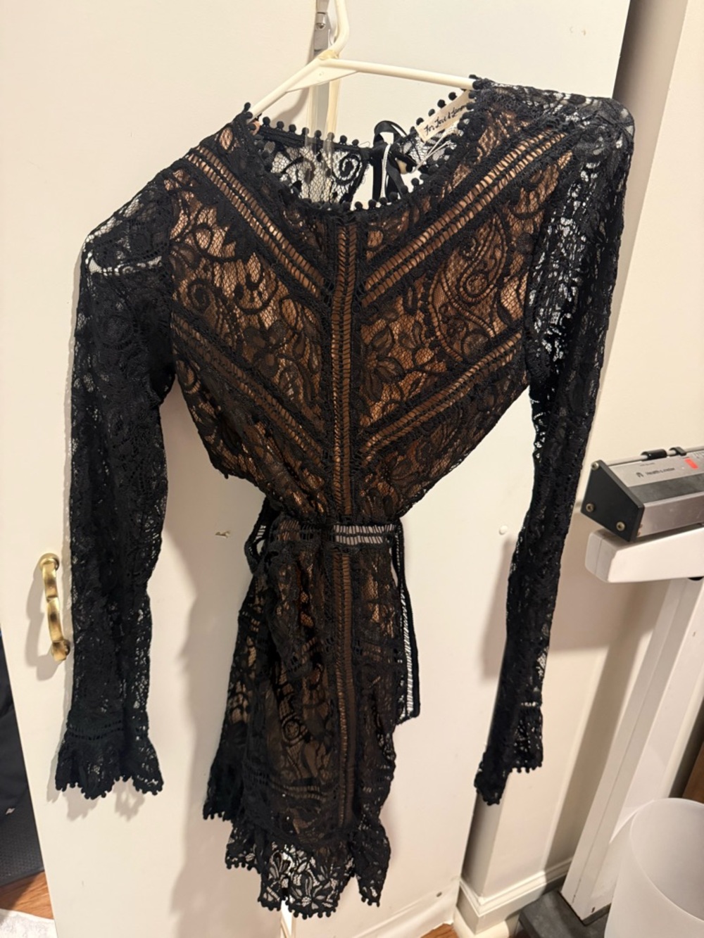 For Love And Lemons Black Lace Mini Dress with Pom-Pom Trim